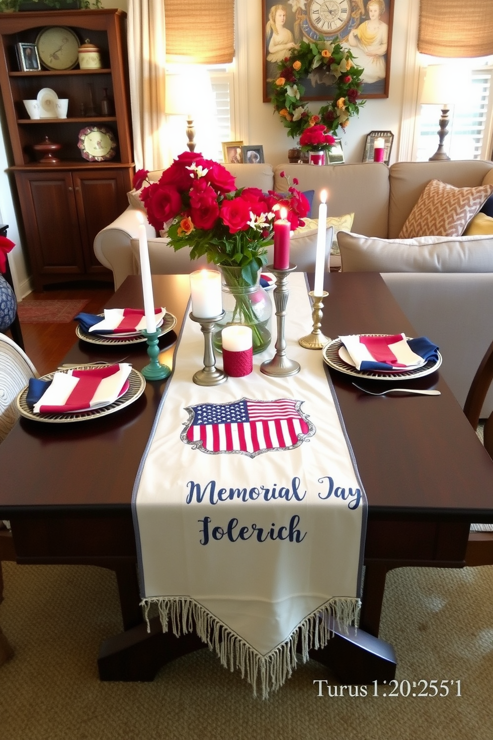 A festive living room setting featuring a table runner adorned with a flag motif to celebrate Memorial Day. The table is set with red, white, and blue decorations, including candles and seasonal flowers, creating a warm and inviting atmosphere.