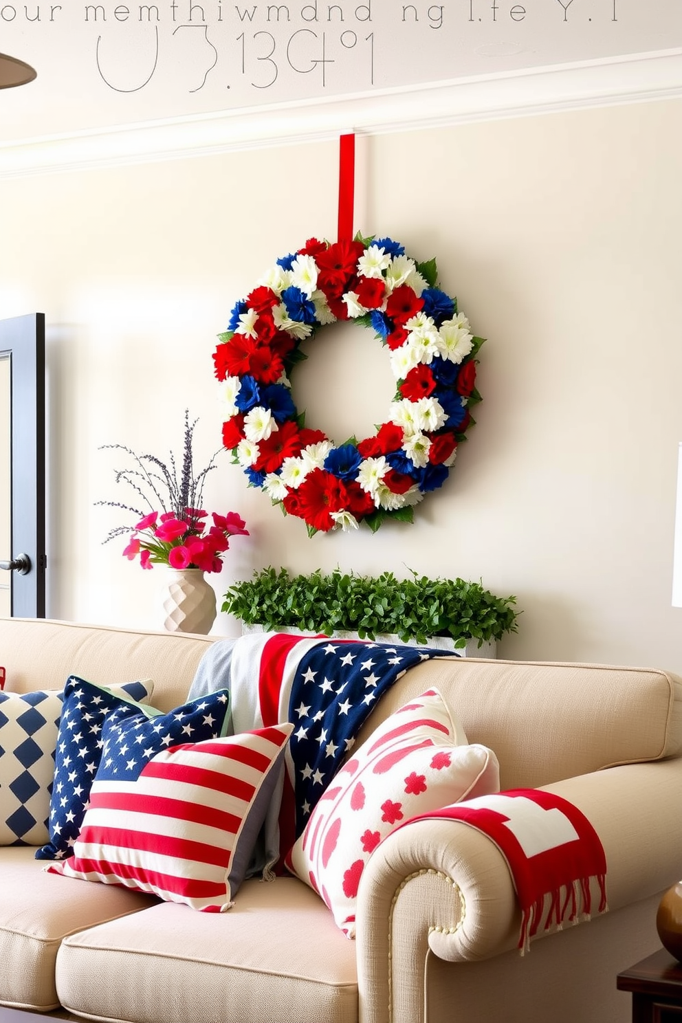 A beautiful living room adorned for Memorial Day features a large wreath made of vibrant red, white, and blue flowers hanging on the wall. The space is complemented by a cozy sofa draped with a patriotic throw blanket and decorative cushions in matching colors.