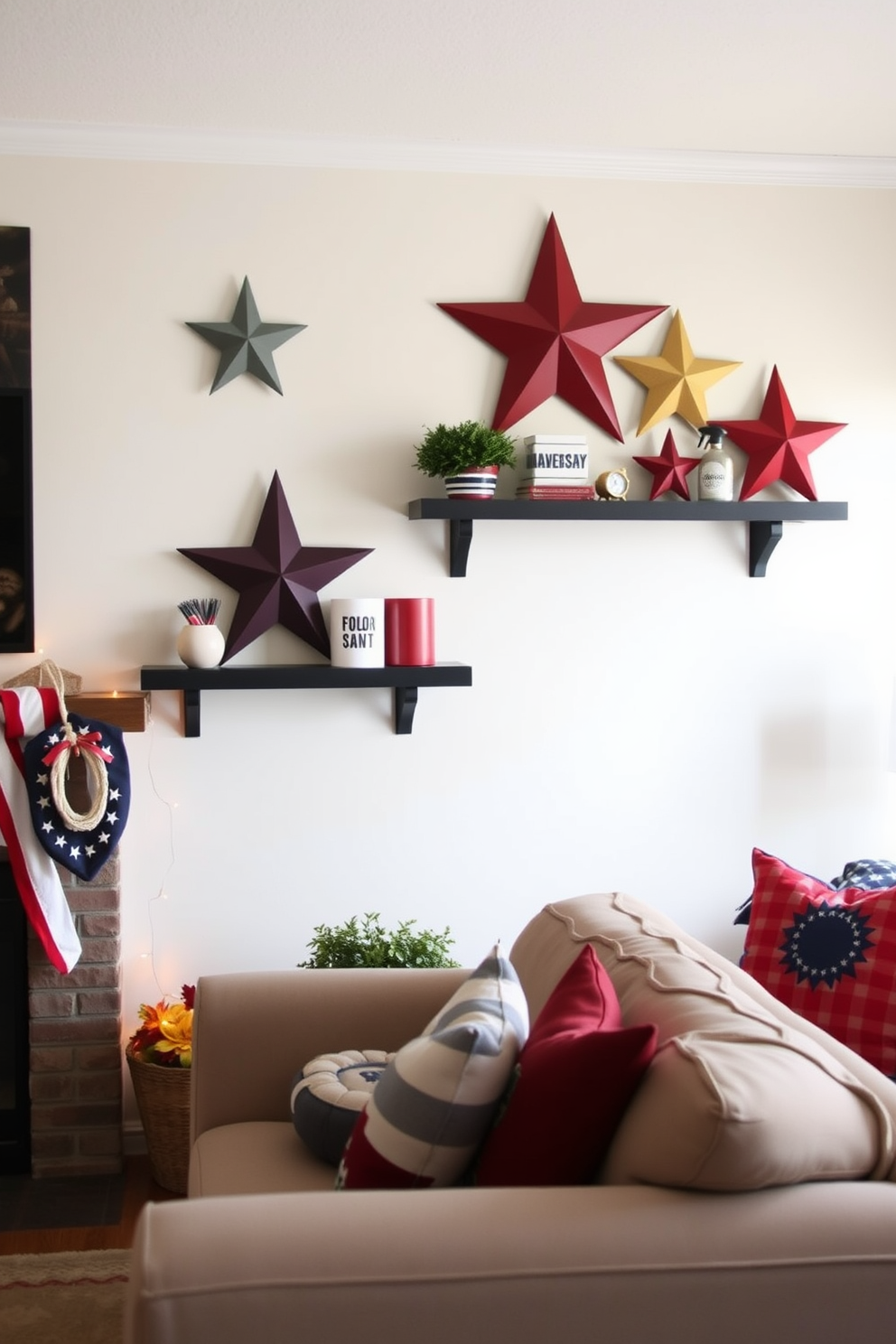 A cozy living room adorned with decorative stars on wall shelves creates a festive atmosphere for Memorial Day. The shelves are filled with a mix of red white and blue accents along with twinkling lights that enhance the celebratory feel.