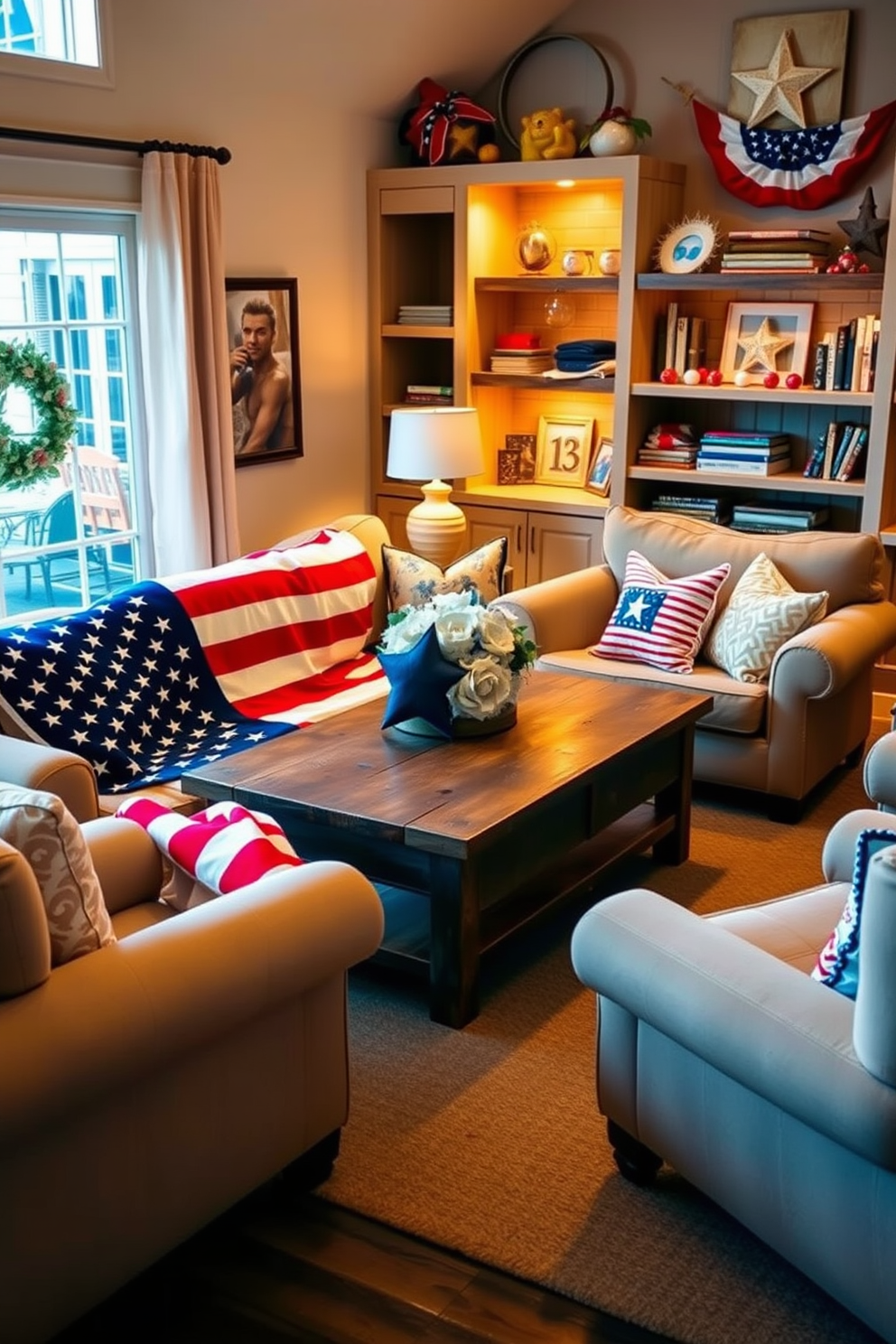 A cozy living room adorned with an American flag throw blanket draped over a plush beige sofa. The space features a rustic wooden coffee table surrounded by comfortable armchairs, with patriotic decor accentuating the shelves and walls. The room is illuminated by soft, warm lighting that enhances the festive atmosphere. A centerpiece of red, white, and blue decorative pillows adds a touch of celebration to the overall design.