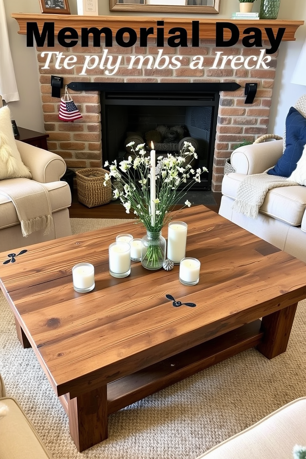 A rustic wooden coffee table sits at the center of a cozy living room, surrounded by plush seating and warm textiles. The table is adorned with a collection of candles and a small vase of wildflowers, creating a welcoming atmosphere for Memorial Day gatherings.