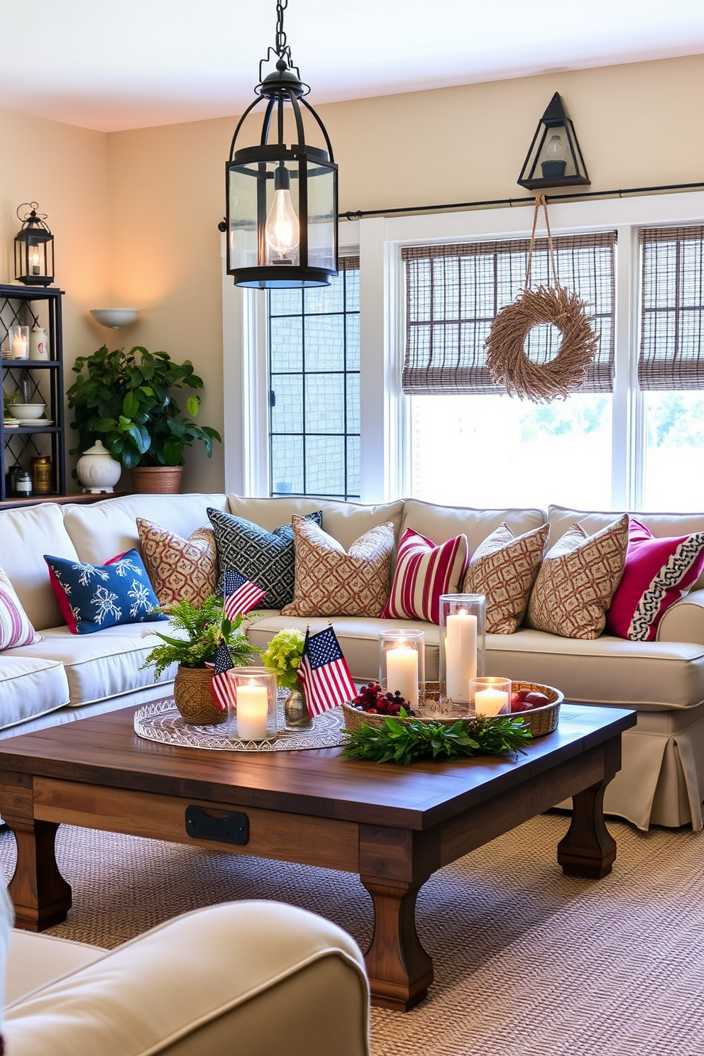 A cozy living room adorned with vintage lanterns casting a warm glow throughout the space. The room features a plush sofa with colorful throw pillows, complemented by a rustic coffee table adorned with seasonal decorations for Memorial Day.