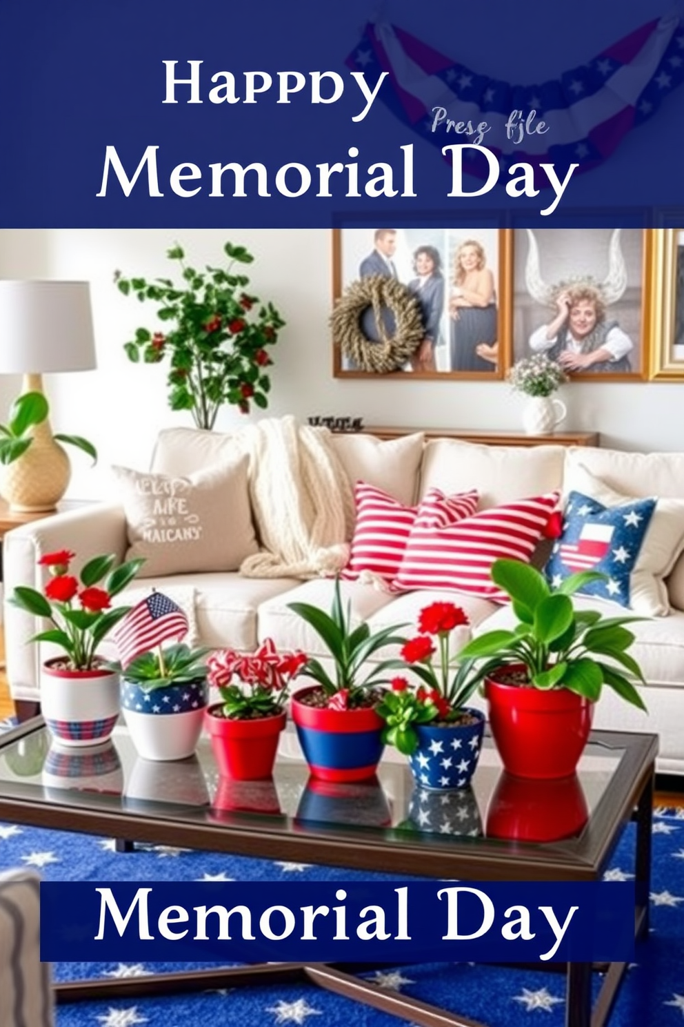 A vibrant living room adorned with potted plants in red, white, and blue hues to celebrate Memorial Day. The plants are arranged on a stylish coffee table, complemented by a cozy sofa draped in patriotic-themed throw pillows.