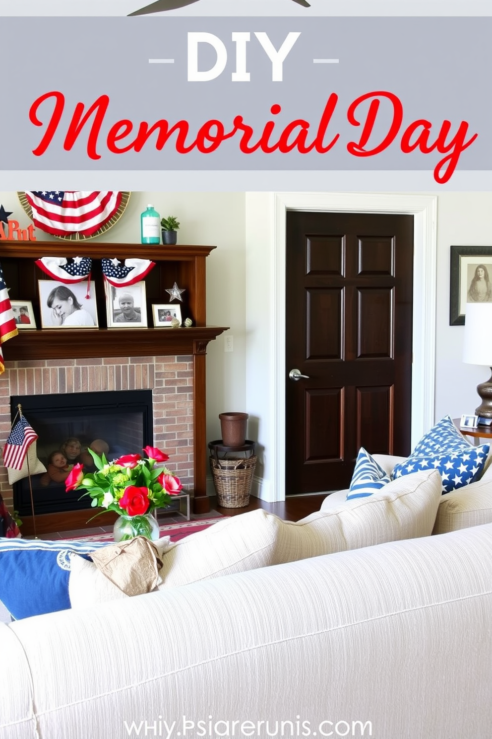 A cozy living room decorated for Memorial Day features DIY patriotic photo frames displaying family memories. The frames are adorned with red, white, and blue accents, creating a festive atmosphere that honors the holiday.