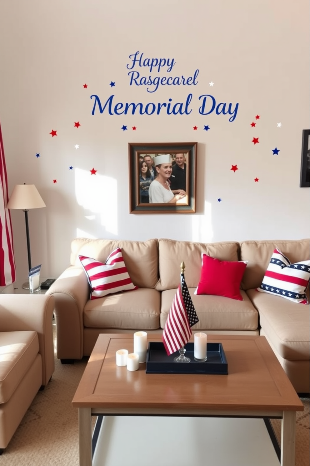 A cozy living room adorned with red white and blue wall decals celebrating Memorial Day. The space features a comfortable sectional sofa with patriotic throw pillows and a coffee table decorated with festive candles and a small flag centerpiece.