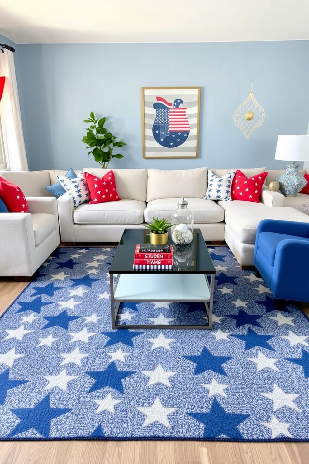 A cozy living room featuring a star patterned area rug that adds a playful touch to the space. The rug is complemented by a comfortable sectional sofa in a neutral tone, surrounded by accent pillows in vibrant colors. A sleek coffee table sits at the center, adorned with a few decorative books and a small potted plant. The walls are painted in a soft blue, creating a serene backdrop for a festive Memorial Day theme with red, white, and blue accents throughout the room.