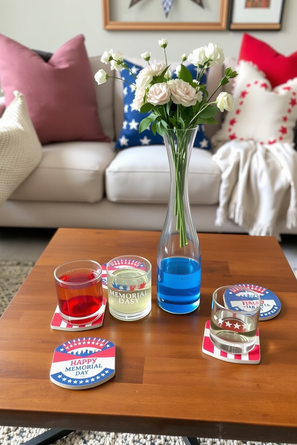 Festive coasters for drinks are scattered across a stylish coffee table in a cozy living room. The coasters feature vibrant patriotic designs that celebrate Memorial Day, adding a cheerful touch to the space. The living room is adorned with red white and blue accents including throw pillows and a soft blanket draped over the couch. A tasteful arrangement of fresh flowers in a vase complements the festive decor creating a warm inviting atmosphere.