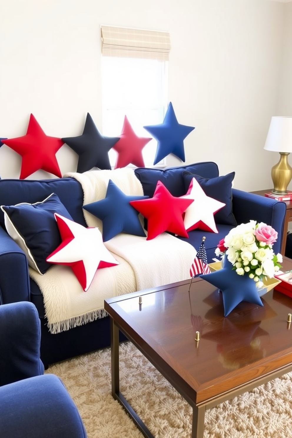 A cozy living room adorned with star shaped decorative pillows in red white and blue colors. The pillows are arranged on a plush navy blue sofa complemented by a soft cream area rug. On the coffee table there are patriotic themed decor items including a small American flag and a decorative bowl filled with fresh flowers. The walls are painted in a light neutral tone allowing the vibrant colors of the pillows to stand out beautifully.