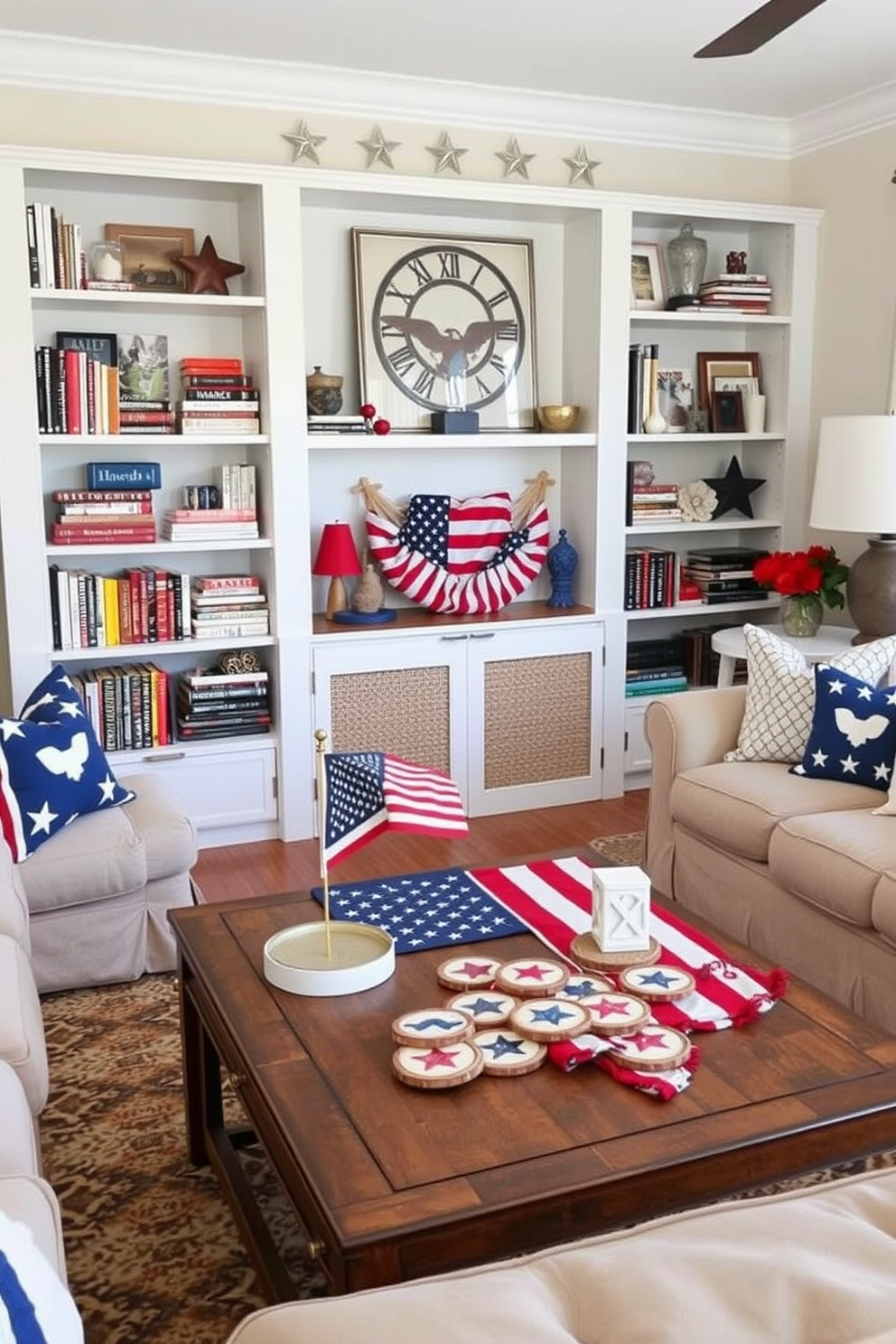 A patriotic themed book display is set in a cozy living room adorned with red white and blue accents. There are shelves filled with books featuring American history and literature alongside decorative items like small flags and stars. The coffee table is topped with a vintage American flag and a collection of themed coasters. Plush seating in neutral tones creates a warm and inviting atmosphere perfect for Memorial Day gatherings.