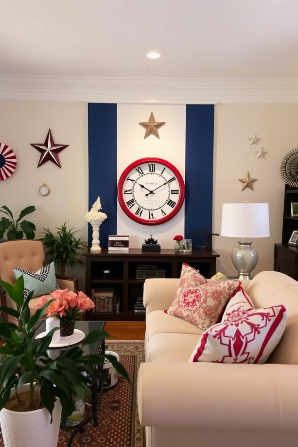 A charming living room featuring a red white and blue wall clock as the centerpiece. The walls are adorned with patriotic decorations that evoke a sense of celebration for Memorial Day.