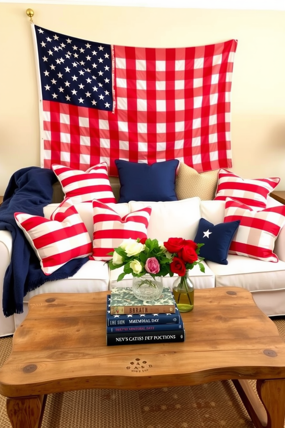 A cozy living room adorned with red and white striped cushions that evoke a festive Memorial Day spirit. The cushions are arranged on a plush white sofa, complemented by a navy blue throw blanket draped casually over the armrest. A rustic coffee table sits in front of the sofa, decorated with a small vase of fresh flowers and a stack of patriotic-themed books. The walls are painted a soft beige, and a large American flag hangs as a focal point, enhancing the celebratory atmosphere.