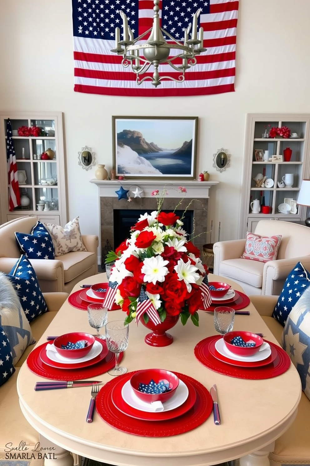 A festive living room setting for Memorial Day. The table is adorned with star spangled table settings featuring red white and blue tableware and decorative elements. A large American flag serves as a backdrop while a centerpiece of fresh flowers in patriotic colors adds a vibrant touch. Cozy seating arrangements include plush sofas and chairs with throw pillows in coordinating colors.