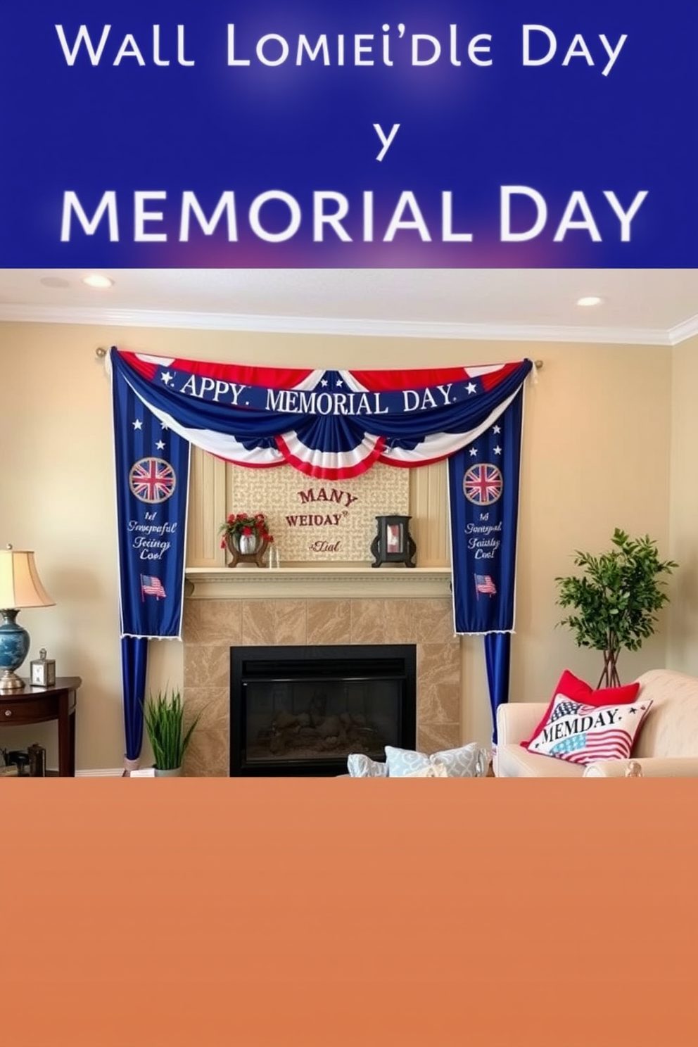 Festive wall hanging banners adorn the living room, celebrating Memorial Day with vibrant red, white, and blue colors. The banners are draped elegantly across the walls, creating a cheerful and patriotic atmosphere that invites guests to enjoy the holiday spirit.