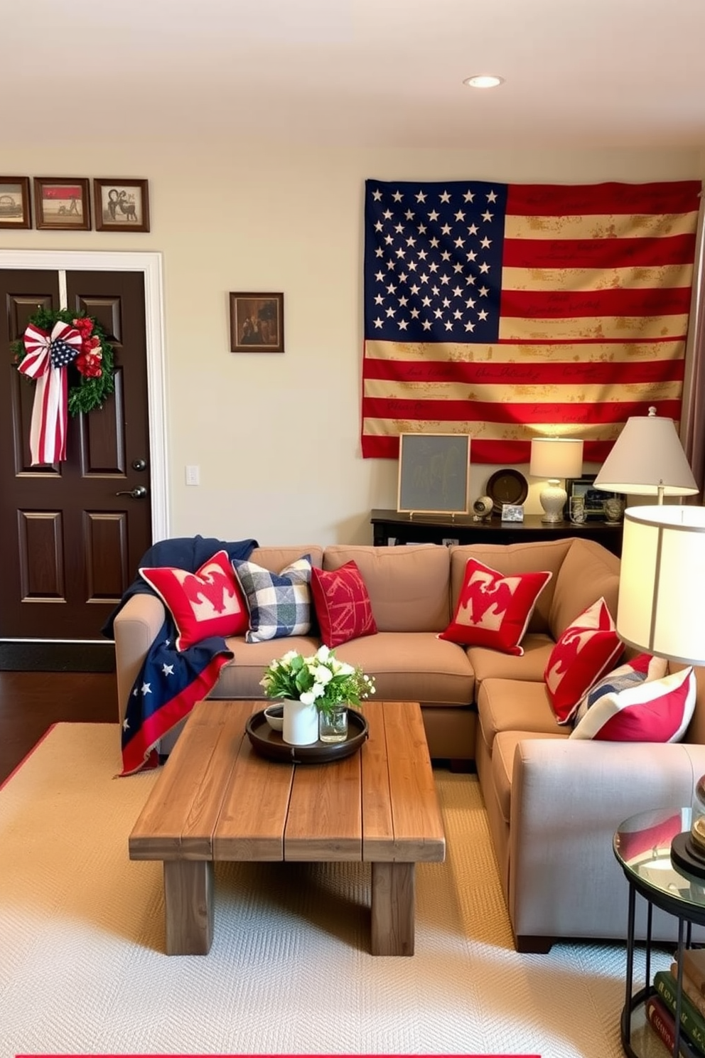 A cozy living room adorned with vintage American flag wall art creates a warm and inviting atmosphere. The space features a comfortable sectional sofa draped with red, white, and blue throw pillows, complemented by a rustic coffee table made of reclaimed wood. To enhance the Memorial Day theme, a patriotic wreath hangs on the door, and a collection of vintage-inspired decor pieces is displayed on the mantel. Soft lighting from stylish lamps casts a welcoming glow, making it the perfect spot for gatherings and celebrations.