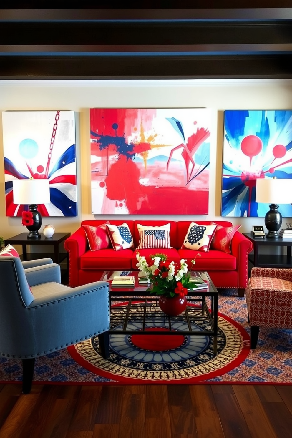 A vibrant living room adorned with red white and blue themed artwork. The walls are decorated with large canvas prints featuring abstract designs in patriotic colors, creating a festive atmosphere for Memorial Day.