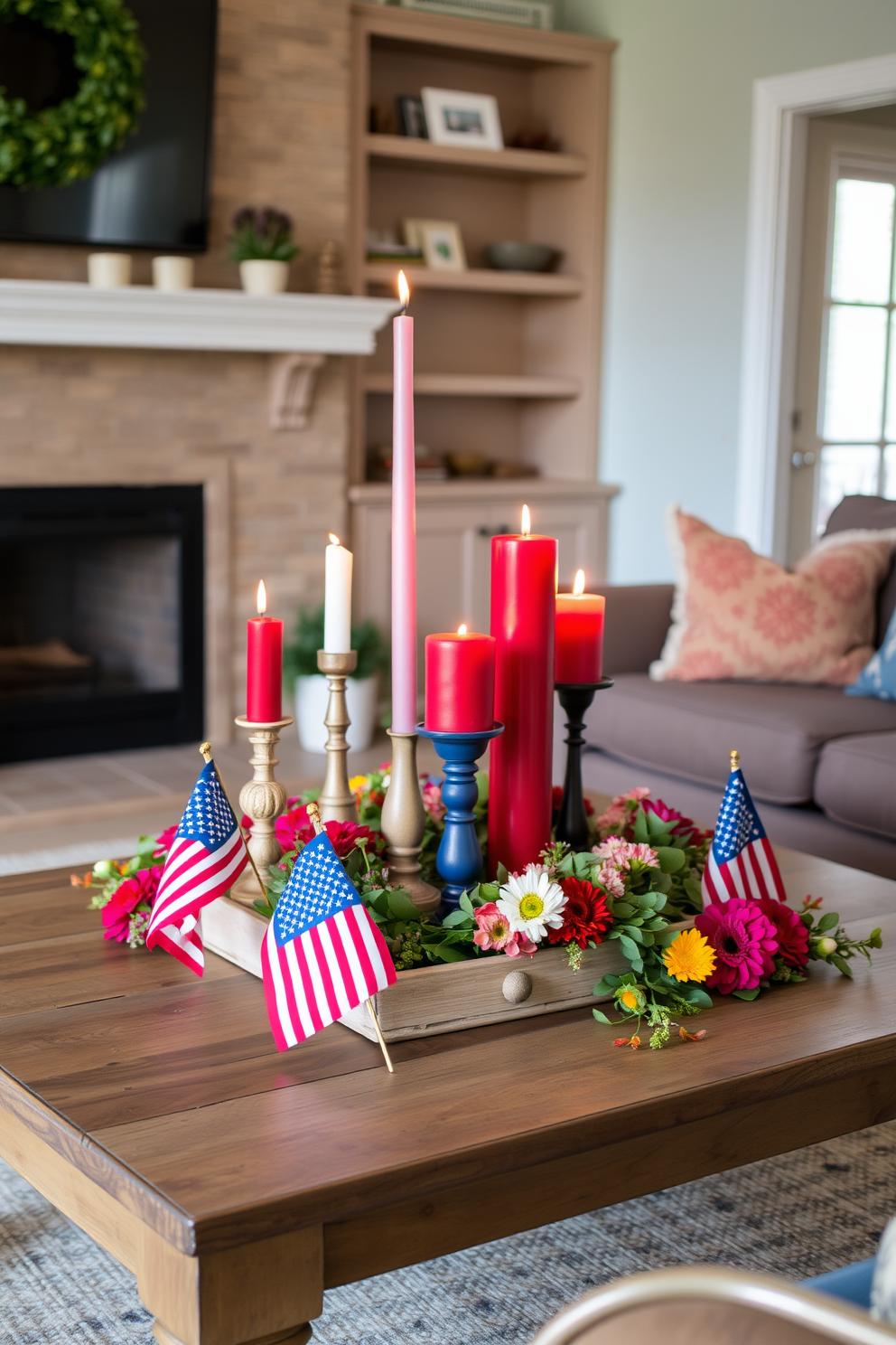 A cozy living room adorned with red white and blue candles in various heights. The candles are arranged on a rustic wooden coffee table, surrounded by small American flags and seasonal flowers.