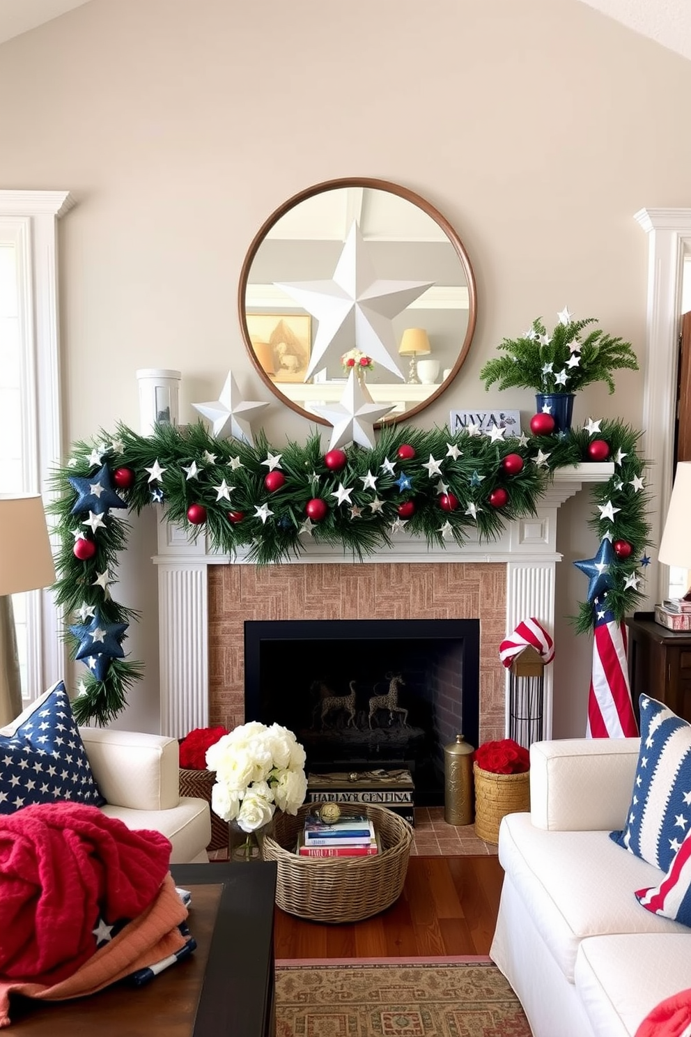 A festive garland adorned with stars drapes elegantly across the mantelpiece in a cozy living room. The space is filled with patriotic colors, featuring red, white, and blue accents throughout the decor.