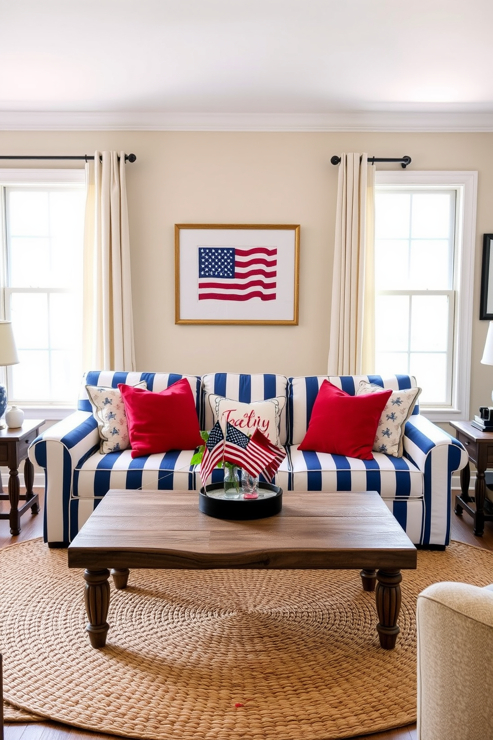 A stylish living room featuring a blue and white striped sofa that serves as the focal point of the space. The sofa is adorned with red and white throw pillows, complemented by a rustic wooden coffee table in front. Natural light pours in through large windows, highlighting the soft beige walls and a woven area rug beneath the sofa. Decorative elements include a patriotic-themed centerpiece on the coffee table and framed artwork that celebrates the spirit of Memorial Day.