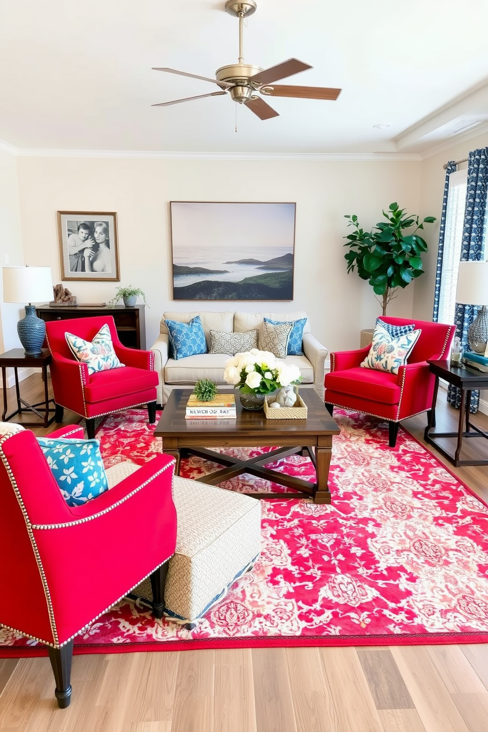 A stylish living room featuring red accent chairs that provide a striking contrast against a neutral color palette. The space includes a cozy sectional sofa, a wooden coffee table, and a vibrant area rug that ties the decor together for a festive Memorial Day celebration.