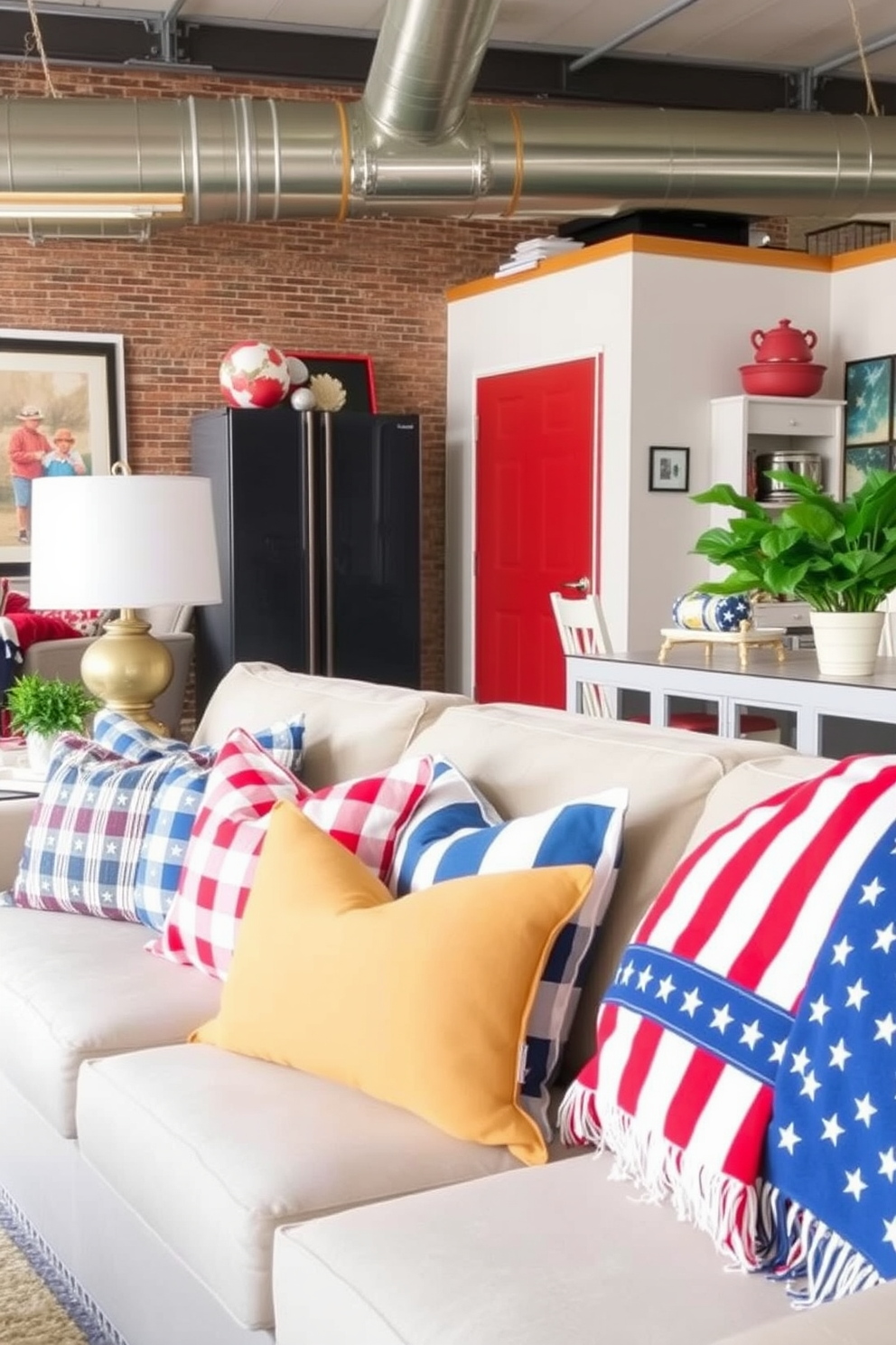 Brighten the space with colorful throw pillows in various patterns and textures. Arrange them strategically on a neutral-colored sofa to create a vibrant and inviting atmosphere. Incorporate elements of Memorial Day by adding red, white, and blue accents throughout the loft. Use decorative items such as a flag-themed throw blanket and themed artwork to celebrate the holiday while enhancing the overall decor.