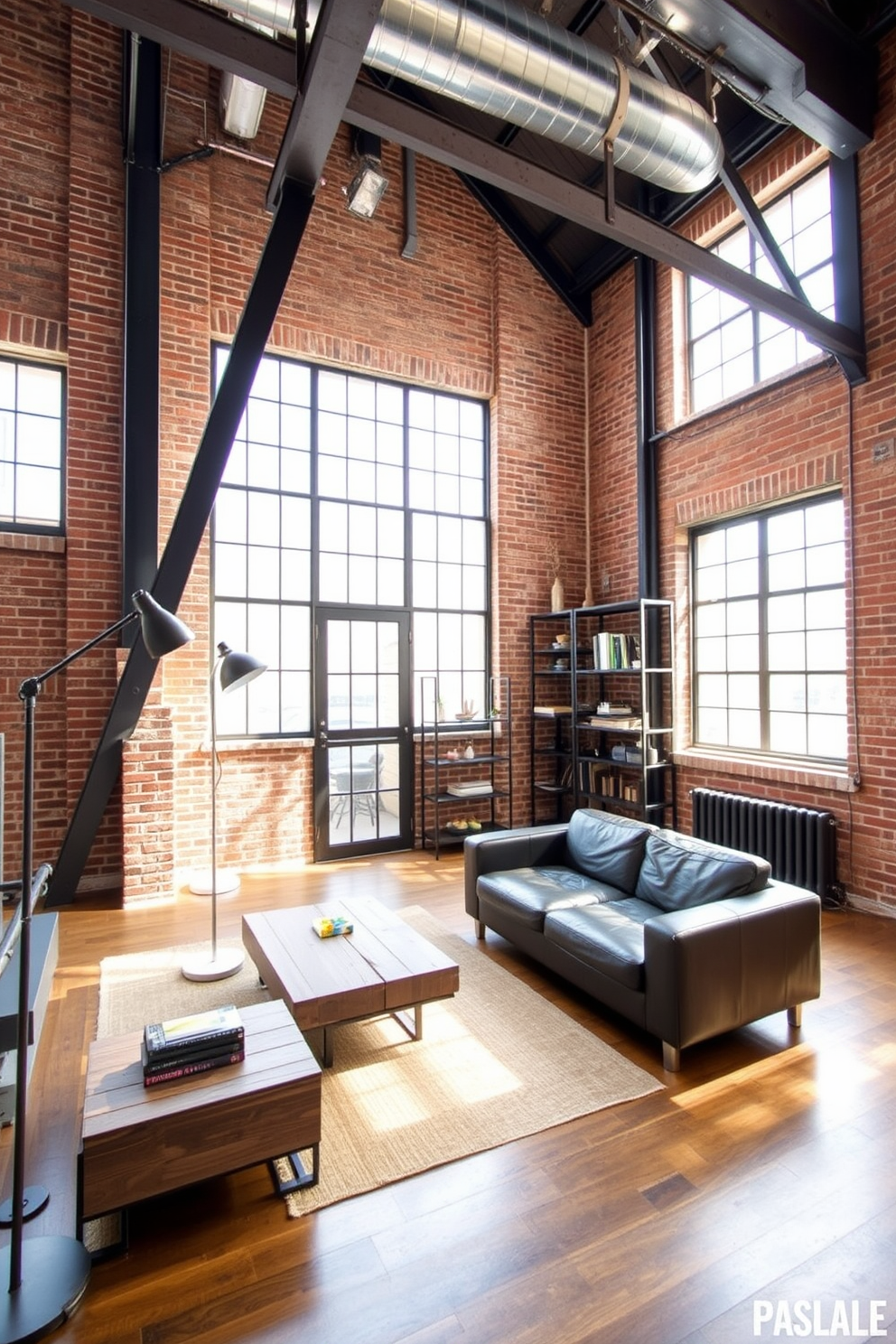 A stylish loft space with industrial elements. Exposed brick walls and large metal beams create a raw aesthetic, while large windows allow natural light to flood the room. The living area features a sleek leather sofa paired with a reclaimed wood coffee table. Metal accents, such as a floor lamp and shelving units, enhance the industrial vibe while adding functionality.