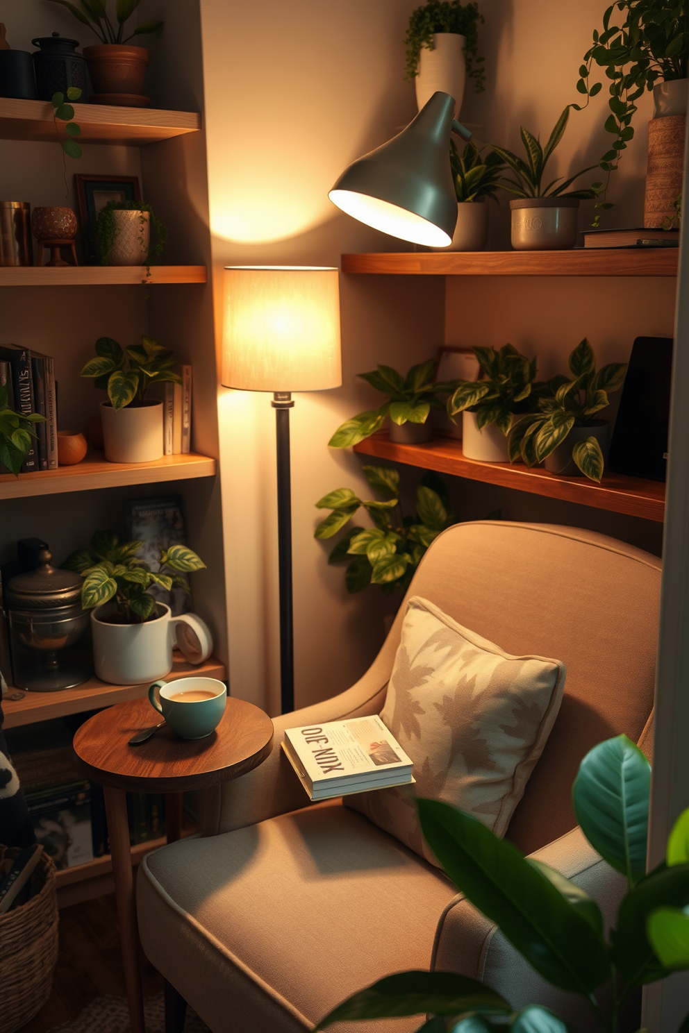 A cozy reading nook corner with a plush armchair upholstered in soft fabric. A small wooden side table holds a steaming cup of tea and a stack of well-loved books. The nook is illuminated by a stylish floor lamp with a warm glow. Surrounding the area are shelves filled with plants and decorative items, creating a serene atmosphere.