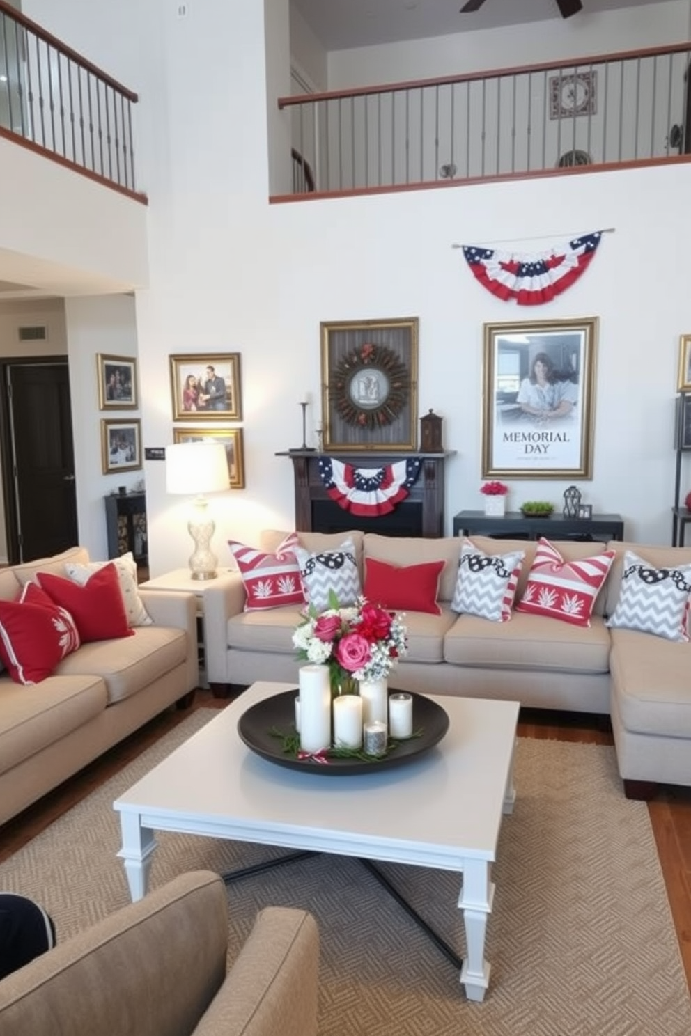 A cozy loft living room decorated for Memorial Day features a large sectional sofa adorned with red white and blue throw pillows. Family photos in elegant frames are displayed on the walls alongside patriotic decorations such as flags and banners. A stylish coffee table in the center holds a decorative bowl filled with seasonal flowers and candles. Soft lighting from floor lamps creates a warm inviting atmosphere perfect for family gatherings.