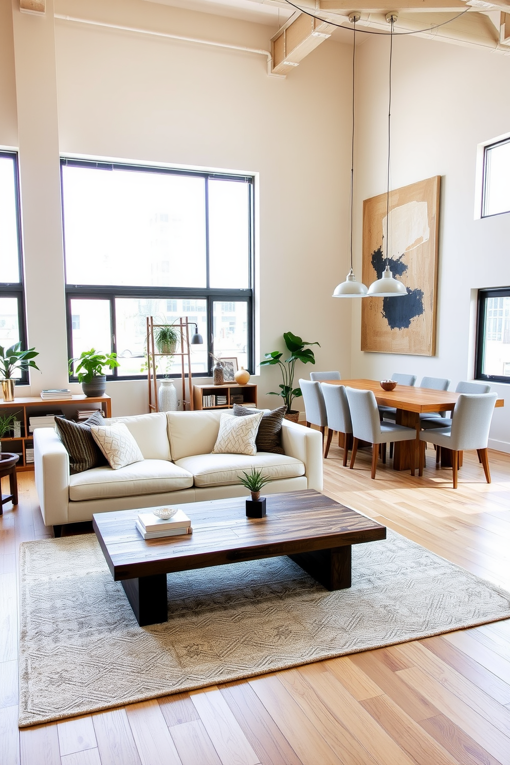 A spacious loft with large windows allowing natural light to flood the room. The walls are painted in soft beige, and the floors are polished light oak, creating a warm and inviting atmosphere. A plush cream sofa is centered in the living area, adorned with textured throw pillows in muted tones. A sleek coffee table made of reclaimed wood sits in front, complemented by a cozy area rug in subtle geometric patterns. In the corner, a minimalist bookshelf showcases curated decor items and plants for a touch of greenery. The dining area features a rustic wooden table surrounded by upholstered chairs in soft gray, perfect for gatherings. Soft lighting from pendant fixtures hangs above the dining table, adding an intimate ambiance. A large abstract painting in earth tones serves as a focal point on one wall, enhancing the overall aesthetic.