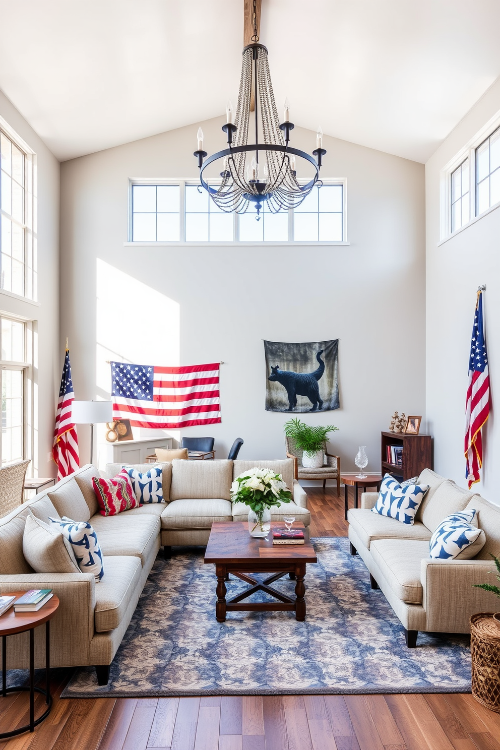 A stylish loft living area designed for Memorial Day celebrations. The space features an open floor plan with large windows allowing natural light to fill the room. A statement chandelier hangs from the ceiling, adding elegance and sophistication. The walls are adorned with patriotic-themed decor, while a comfortable sectional sofa is arranged around a rustic coffee table.