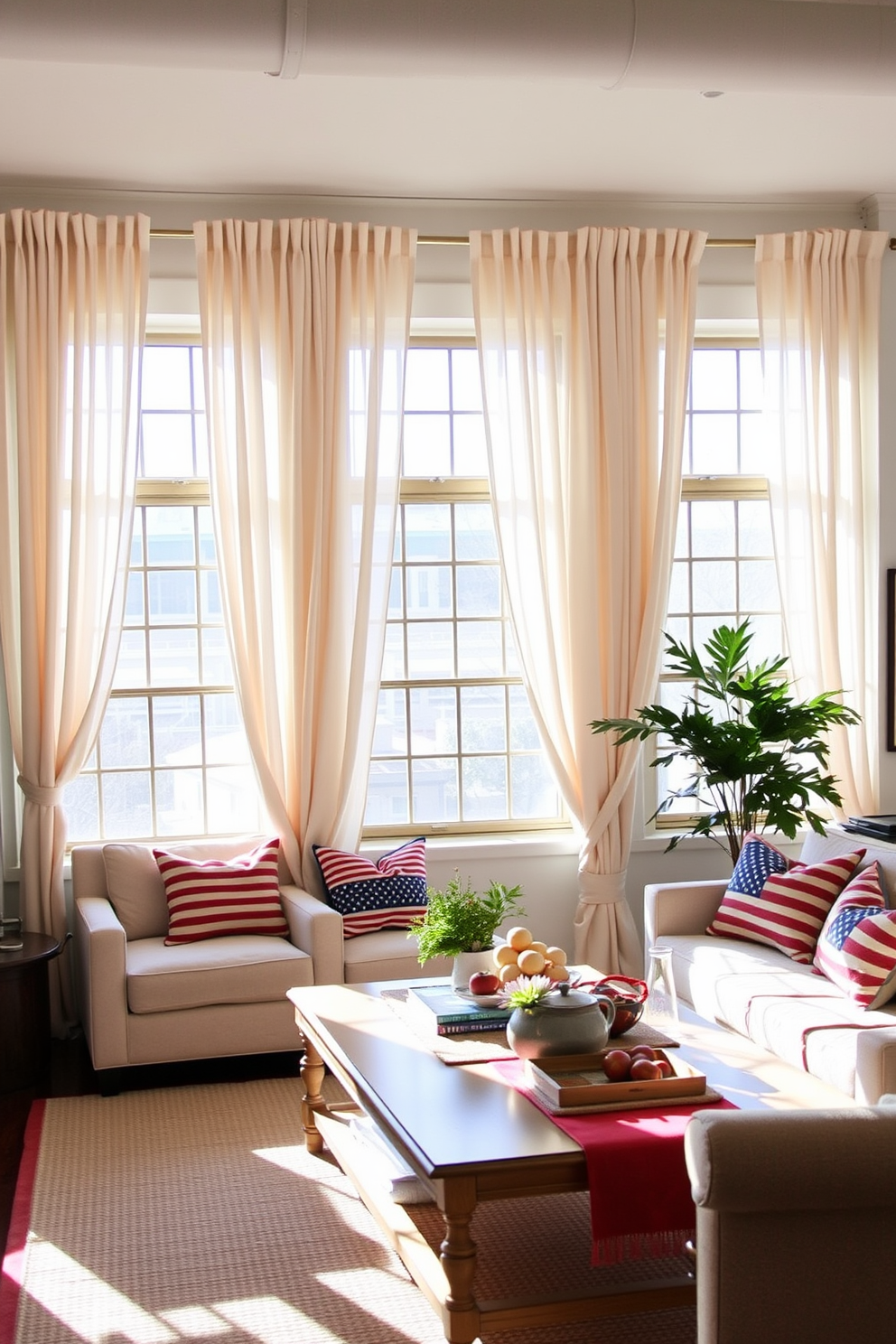 A bright and airy loft space adorned with soft, flowing curtains that gently frame large windows. The curtains are in a light pastel shade, complementing the natural light that floods the room, creating a warm and inviting atmosphere. Incorporate patriotic decor elements to celebrate Memorial Day while maintaining a sophisticated aesthetic. Use tasteful red, white, and blue accents through throw pillows, table runners, and wall art that honor the holiday without overwhelming the space.