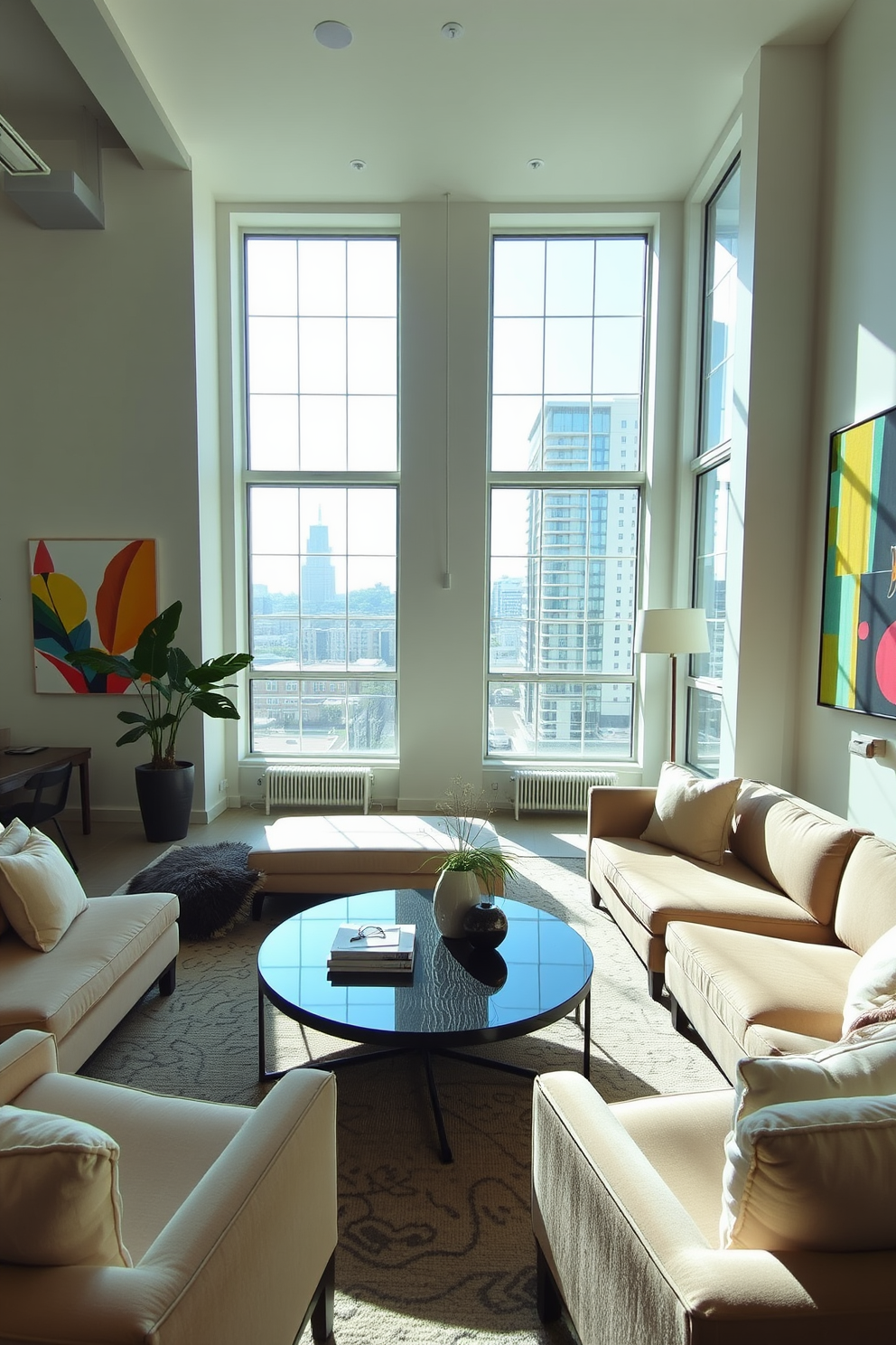 A bright and airy loft space features large windows that allow natural light to flood in. The walls are adorned with modern artwork that adds a fresh and vibrant touch to the room. The furniture is a mix of sleek, contemporary pieces and cozy textures, creating an inviting atmosphere. A stylish coffee table sits in the center, surrounded by plush seating that encourages relaxation and conversation.