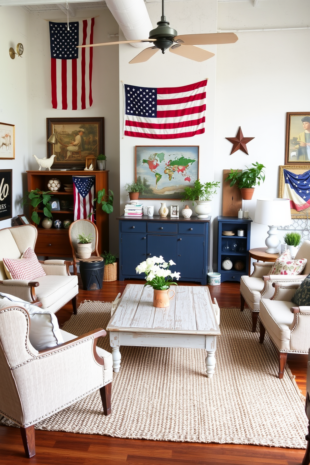 A cozy loft space decorated for Memorial Day featuring vintage furniture that exudes charm. A distressed wooden coffee table sits in the center, surrounded by mismatched armchairs upholstered in soft fabrics, creating an inviting atmosphere. The walls are adorned with patriotic-themed artwork and vintage flags, adding a festive touch to the decor. A woven rug anchors the seating area, while potted plants bring a touch of greenery to the space.