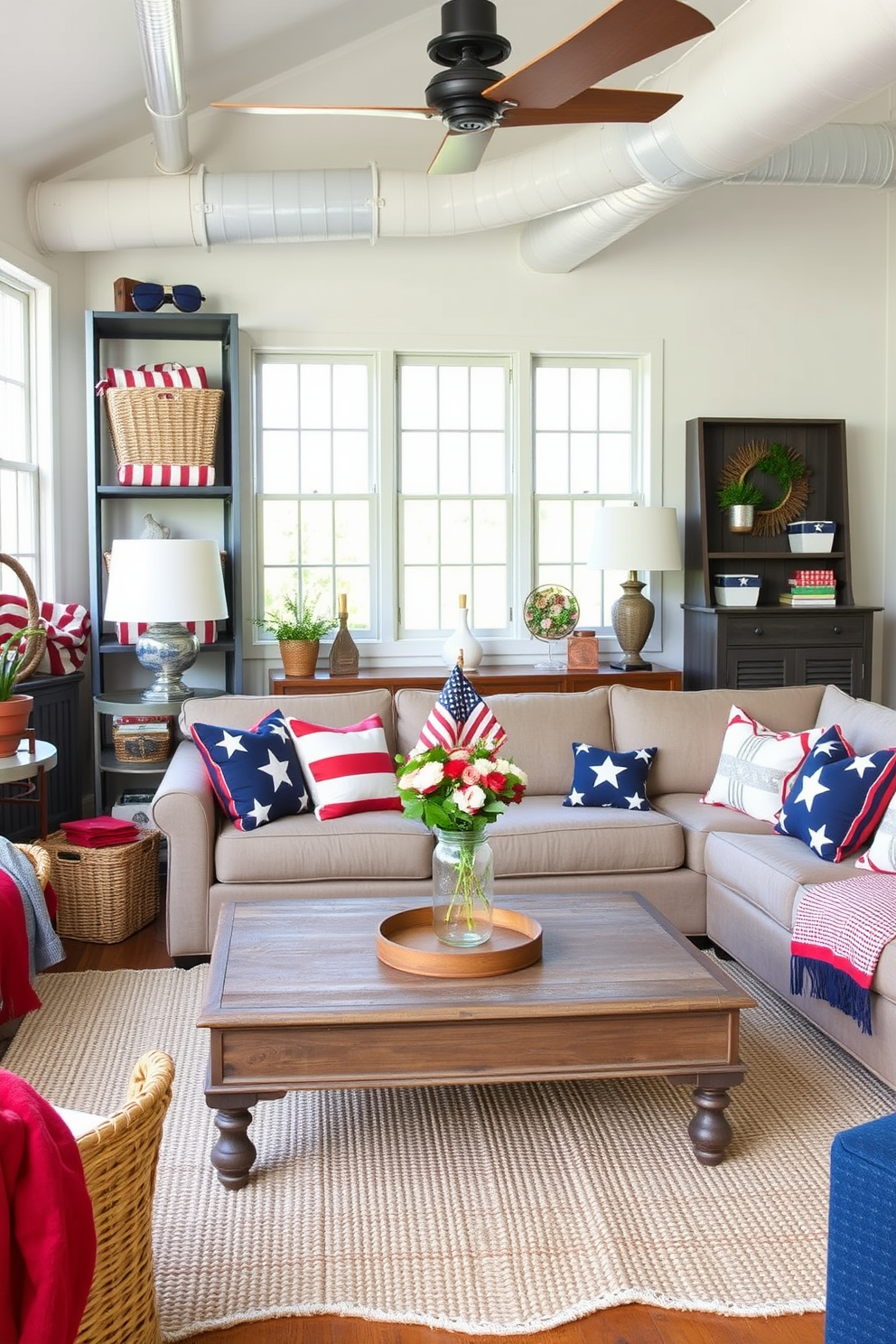 Create a cozy loft space that celebrates Memorial Day with patriotic decor. Incorporate decorative baskets for storage, filled with red white and blue throws and pillows to enhance the festive atmosphere. Design a comfortable seating area with a large sectional sofa adorned with star patterned cushions. Add a rustic coffee table topped with a small flag and a centerpiece of seasonal flowers in a mason jar.