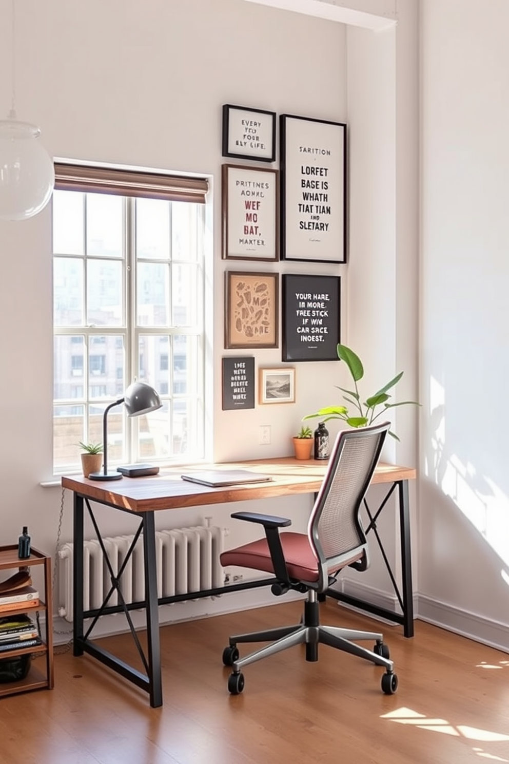 A stylish workspace is designed within a bright loft setting. The desk is made of reclaimed wood with an industrial metal frame, positioned near a large window that allows natural light to fill the room. Above the desk, a gallery wall showcases framed artwork and inspirational quotes. A comfortable ergonomic chair in a soft fabric complements the wooden desk, while a potted plant adds a touch of greenery to the space.