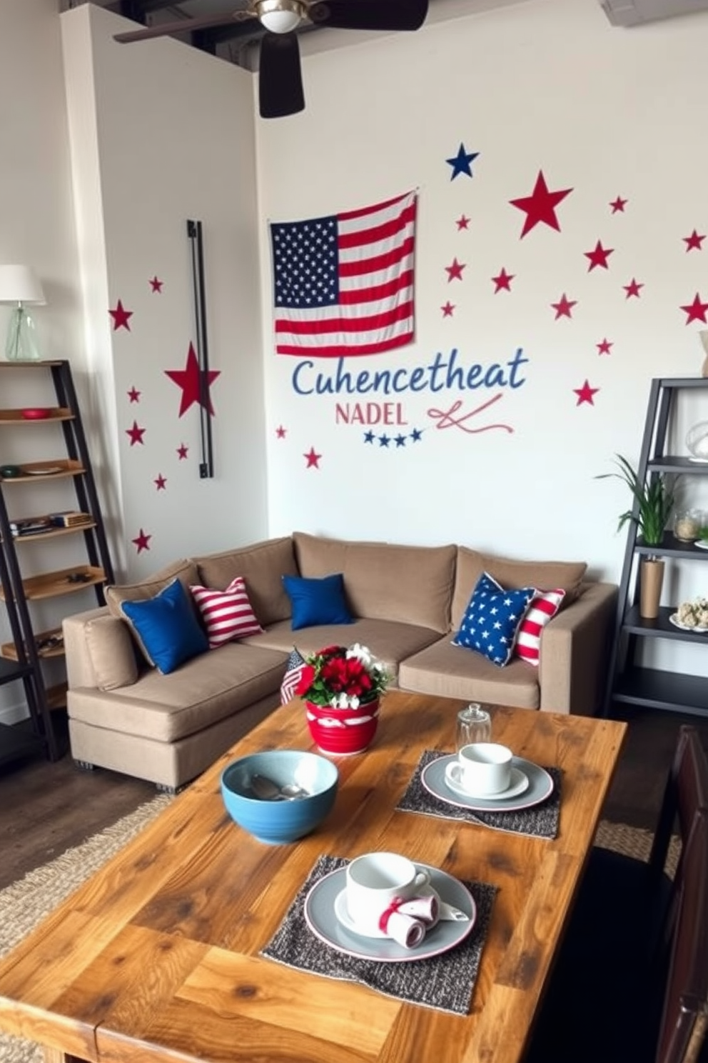 Create a stylish loft space decorated for Memorial Day. The walls are adorned with vibrant wall decals featuring stars and stripes, celebrating the holiday spirit. In the center, a comfortable seating area includes a plush sectional sofa with red and blue throw pillows. A rustic coffee table made of reclaimed wood complements the decor, while a festive table setting showcases seasonal touches.