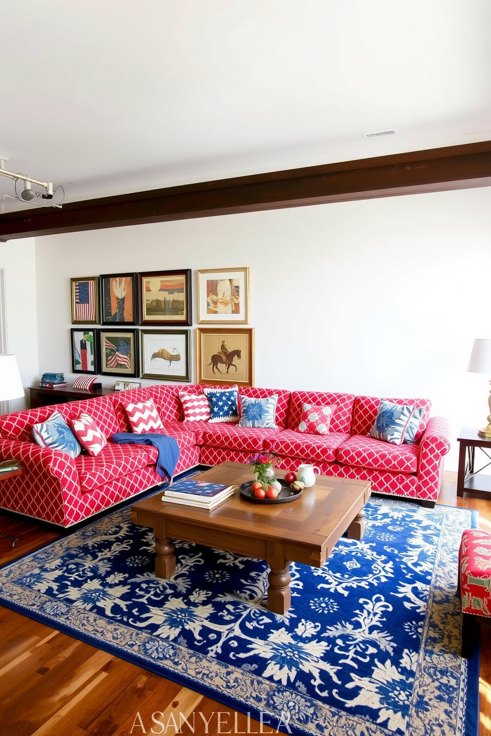 A vibrant loft space adorned with bold patterned textiles that celebrate the spirit of Memorial Day. The furnishings include a large sectional sofa covered in a red and white geometric fabric, complemented by an array of throw pillows featuring stars and stripes. The walls are painted a soft white to enhance the brightness of the room, while a large area rug with an intricate blue and white design anchors the seating area. A collection of framed artwork depicting patriotic themes hangs above a reclaimed wood coffee table, creating a warm and inviting atmosphere.