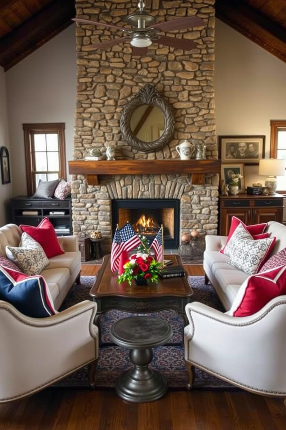 A cozy loft space designed for Memorial Day celebrations. The room features a stylish fireplace with a rustic stone surround, creating a warm focal point. Comfortable seating is arranged around the fireplace, adorned with plush cushions in red, white, and blue hues. A vintage coffee table sits in the center, decorated with seasonal flowers and patriotic decor.