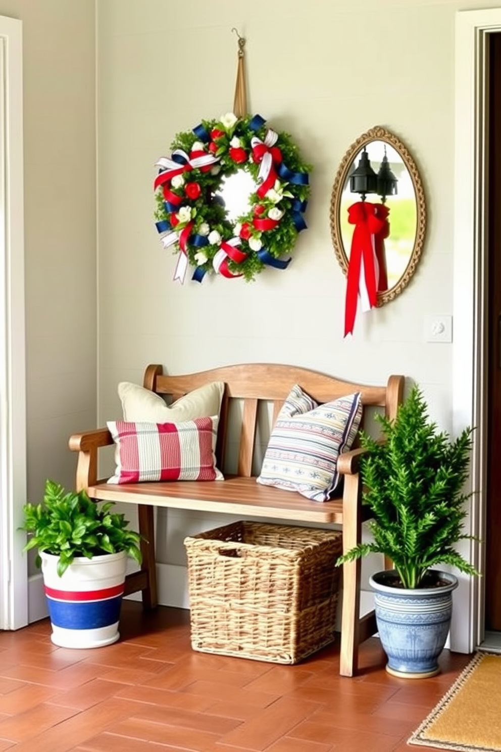 Create a welcoming entryway that embodies the spirit of Memorial Day with red white and blue accents. A rustic wooden bench sits against the wall adorned with cozy throw pillows and a woven basket for shoes. Flanking the entrance, potted plants add a touch of greenery while a vintage mirror reflects light and creates a sense of space. A festive wreath made of flowers and ribbons hangs on the door welcoming guests into your home.