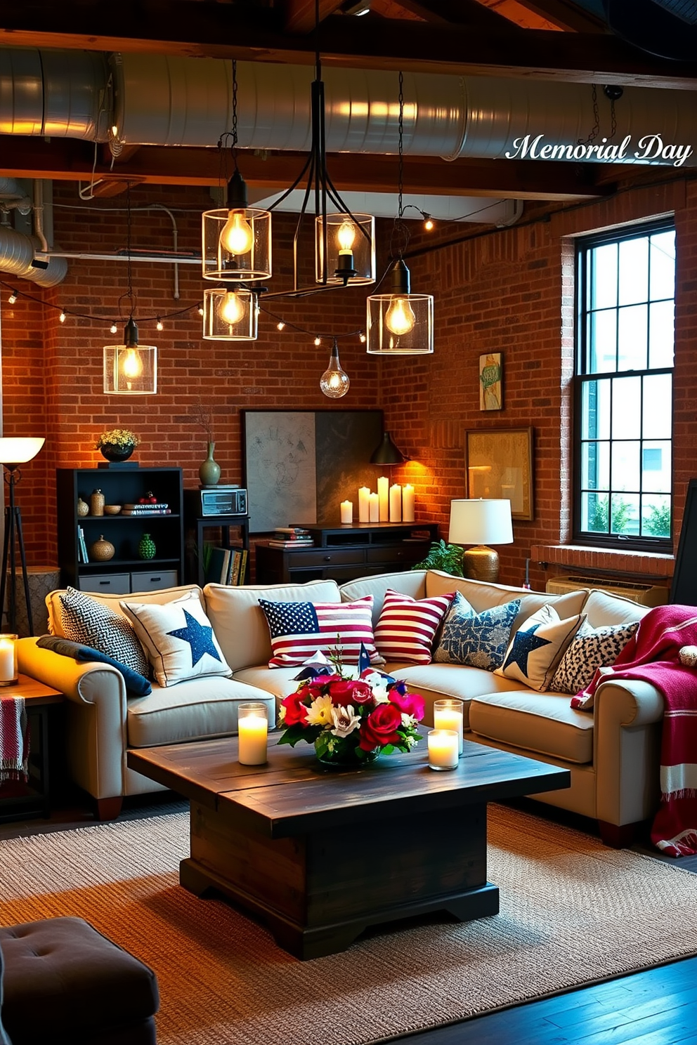 A cozy loft space designed for Memorial Day celebrations features layered lighting that creates a warm and inviting atmosphere. Soft pendant lights hang from the ceiling, while strategically placed floor lamps and candles enhance the ambiance throughout the room. The decor includes a mix of patriotic colors with red, white, and blue accents in throw pillows and blankets. A large, comfortable sectional sofa is adorned with decorative cushions, and a rustic coffee table holds a festive centerpiece of flowers and candles.