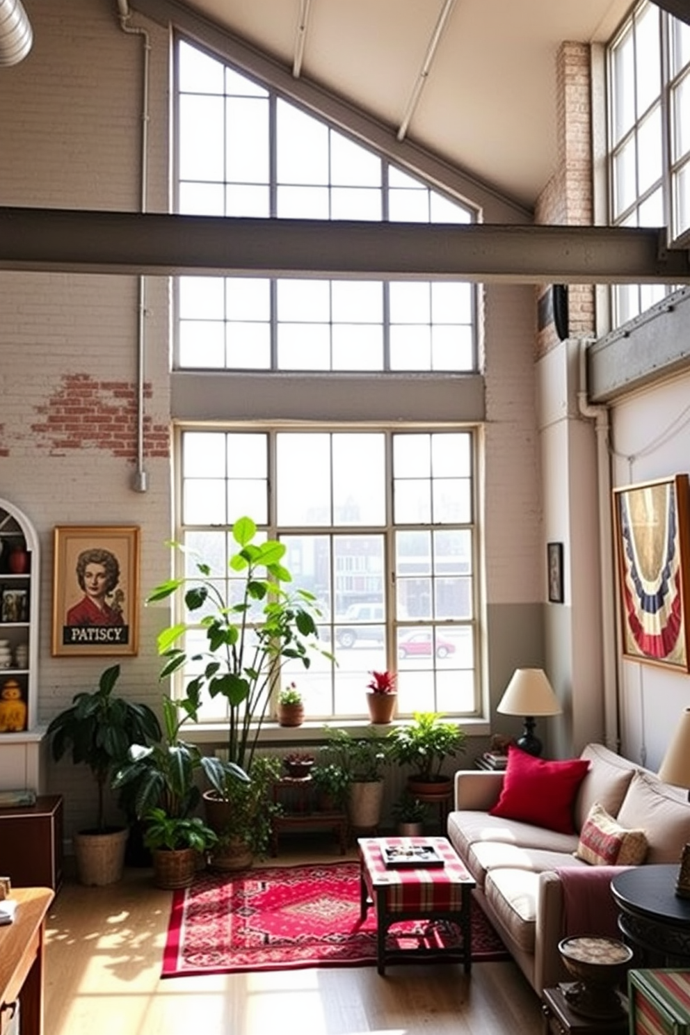 A bright and airy loft space featuring large windows that allow natural light to flood in. The room is decorated with an eclectic mix of modern furniture and vintage accents, creating a cozy yet stylish atmosphere. In one corner, a collection of potted plants adds a touch of greenery, bringing life to the space. The walls are adorned with tasteful artwork that reflects a patriotic theme, perfect for Memorial Day celebrations.