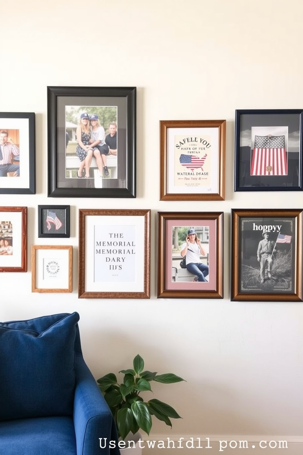 Create a gallery wall featuring a mix of framed art pieces that celebrate Memorial Day. Incorporate patriotic colors and themes, with a variety of sizes and styles to create visual interest and a cohesive look.