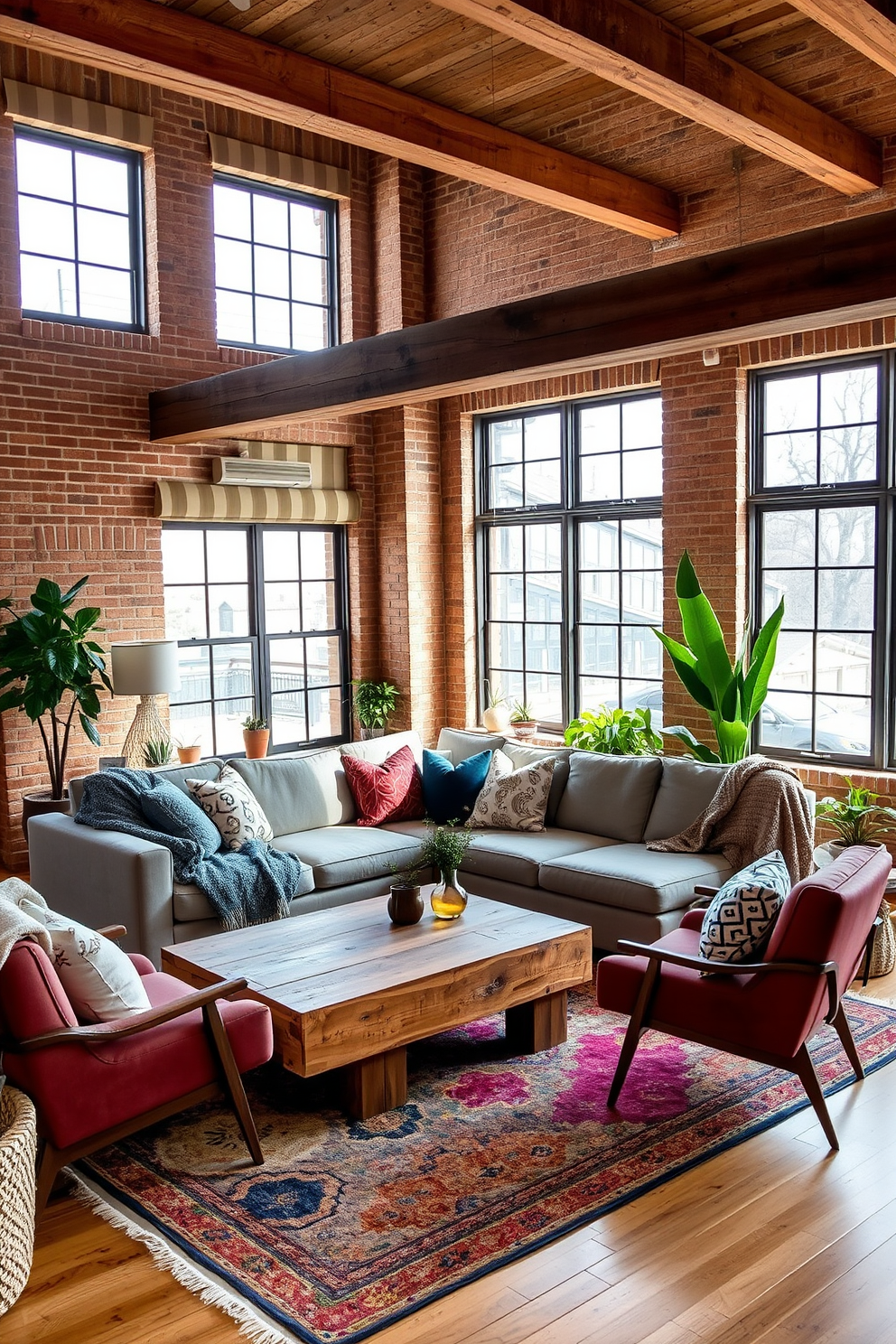 A cozy loft living room featuring a mix of textures with soft blankets draped over a plush sectional sofa. Large windows allow natural light to flood the space, highlighting the warm tones of the wooden beams and the cool hues of the decorative pillows. Incorporate a rustic coffee table made of reclaimed wood, surrounded by modern accent chairs that add a contemporary touch. A vibrant area rug anchors the seating arrangement, while potted plants bring life and freshness to the decor.