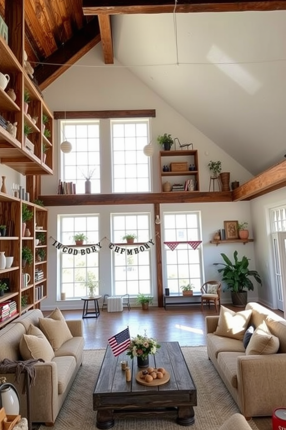 A spacious loft area with high ceilings features open shelving made of reclaimed wood. The shelves are adorned with a mix of decorative items, plants, and books, creating a warm and inviting atmosphere. The walls are painted in a soft white to enhance the natural light streaming in from large windows. Cozy seating arrangements with plush cushions and a rustic coffee table complete the Memorial Day theme, inviting relaxation and celebration.