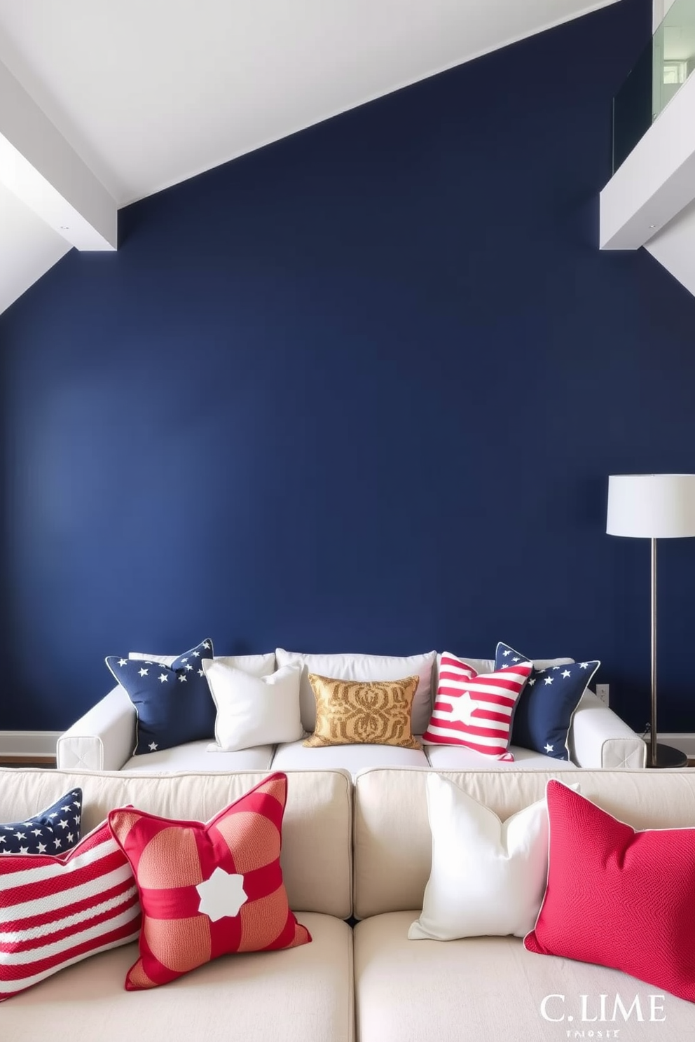 A striking accent wall in deep navy blue creates a dramatic focal point in the loft space. The surrounding walls are painted in a soft white, enhancing the vibrancy of the bold color. Incorporate comfortable seating with plush cushions in shades of red and white to celebrate the Memorial Day theme. Add decorative throw pillows featuring stars and stripes to evoke a festive atmosphere.