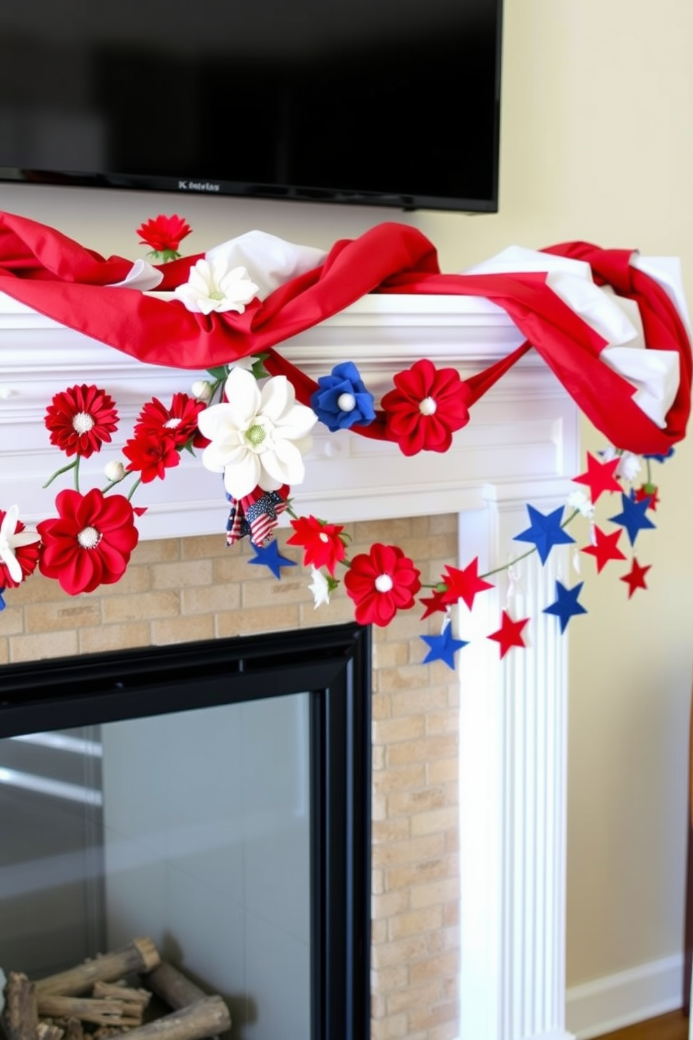 A patriotic mantel adorned with a red white and blue garland gracefully draped across the top. The garland features vibrant fabric flowers and stars, creating a festive atmosphere for Memorial Day celebrations.