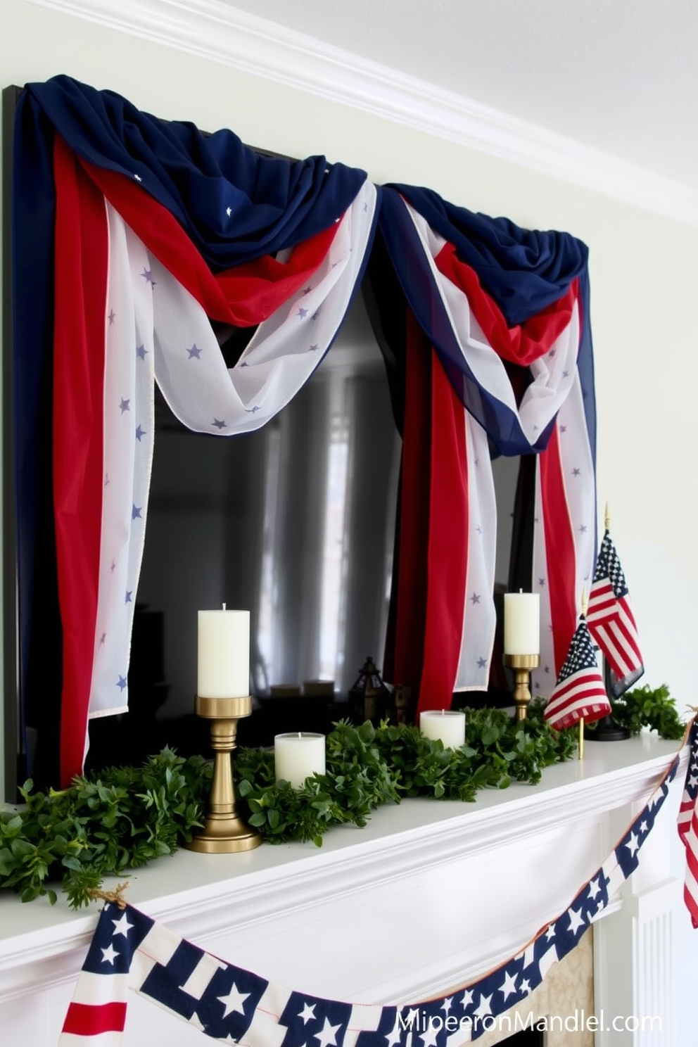 Layered fabric banners in red, white, and blue create a festive atmosphere for a Memorial Day mantel display. The banners drape elegantly, showcasing stars and stripes, while complementing decorative elements like candles and small American flags.