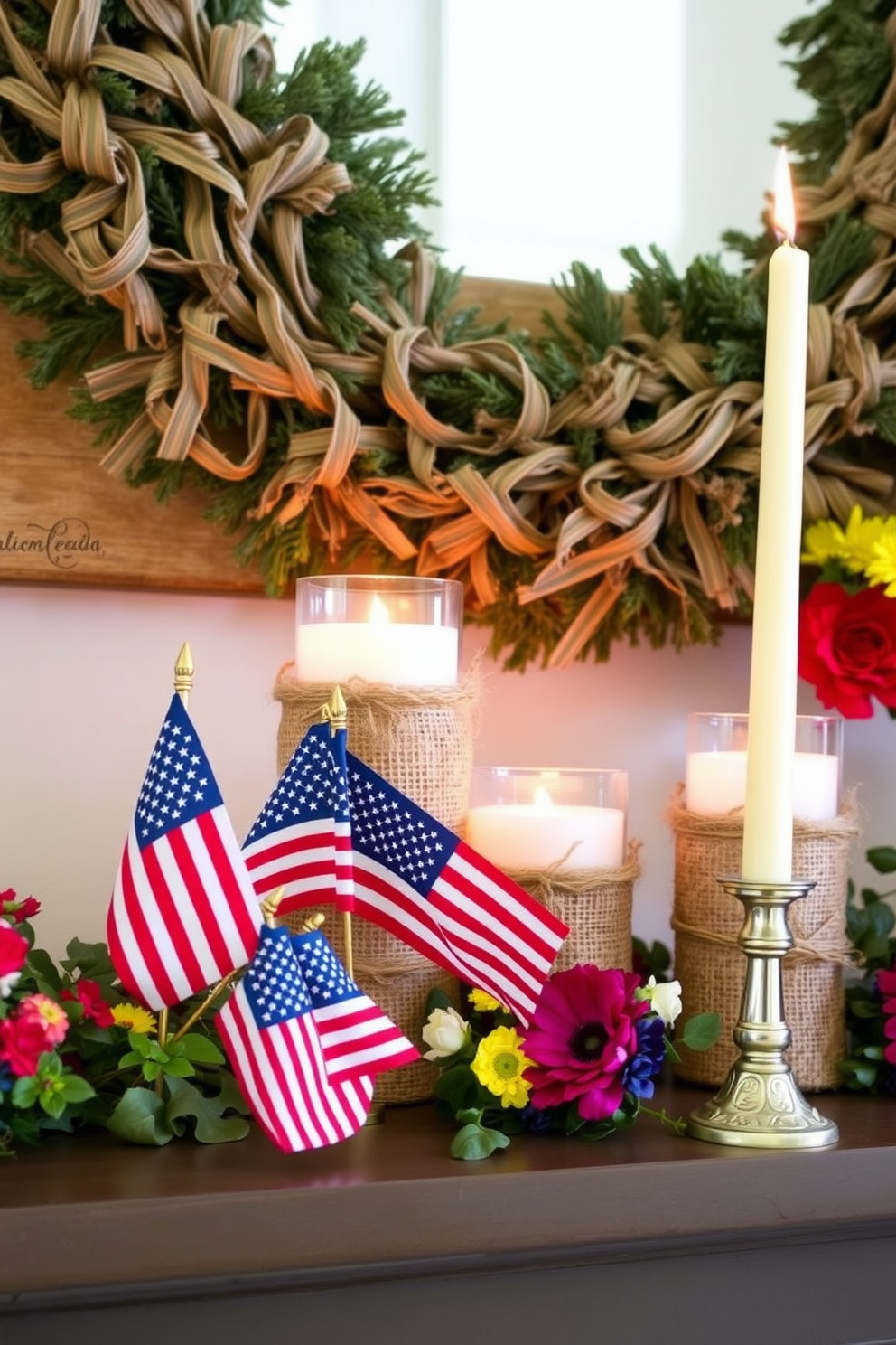 Candle holders wrapped in burlap and twine create a rustic and warm ambiance for your Memorial Day mantel. Arrange them alongside small American flags and seasonal flowers to honor the holiday's spirit.