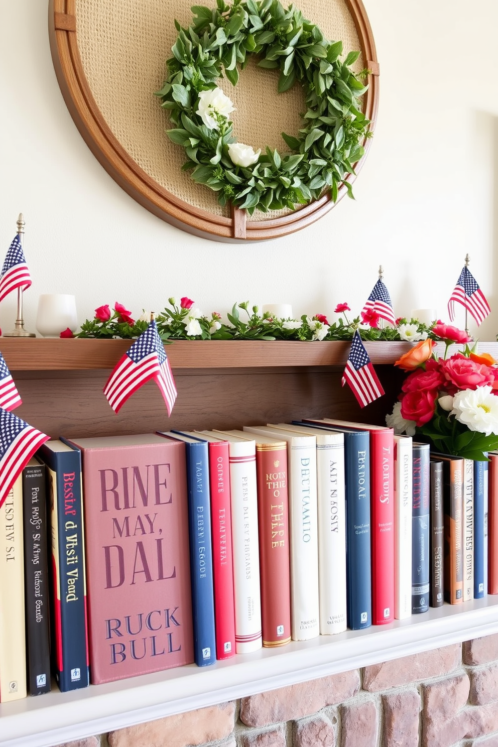 A festive mantel adorned with seasonal books showcasing red white and blue covers. The backdrop features a rustic wooden mantelpiece decorated with small American flags and fresh flowers in patriotic colors.