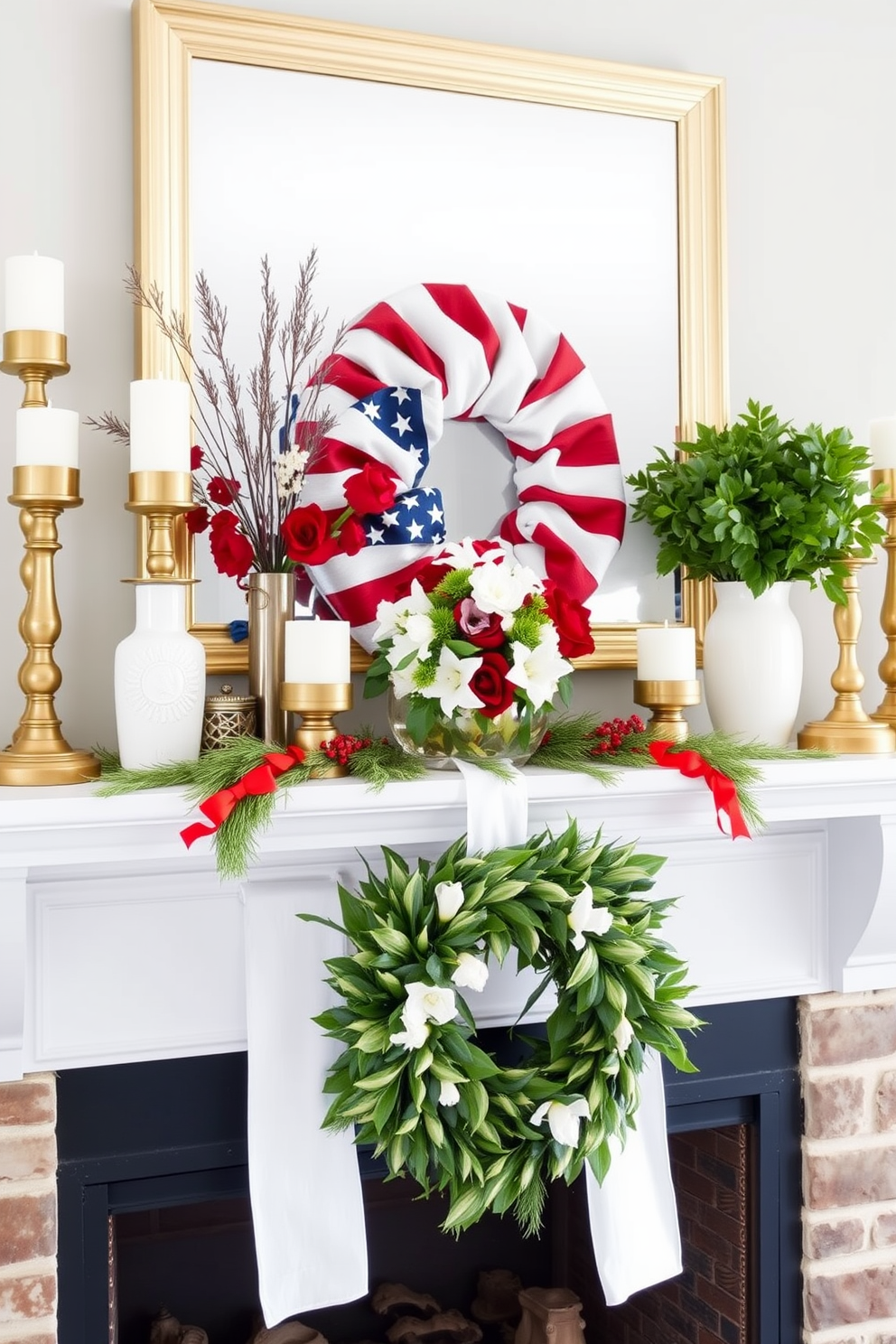 A stylish mantel decorated for Memorial Day featuring metallic gold accents. The arrangement includes a mix of red white and blue elements alongside elegant gold candle holders and a beautiful wreath.