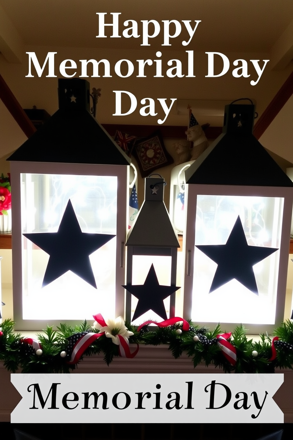 Decorative lanterns with star cutouts are arranged elegantly on a mantel, creating a festive atmosphere for Memorial Day. The lanterns are filled with soft white lights, casting a warm glow that enhances the patriotic decor surrounding them.